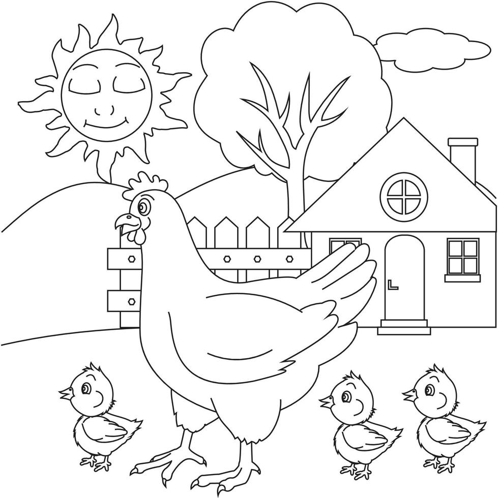 Página para colorear de gallina con personaje de dibujos animados de pollo bebé. libro para colorear para niños vector