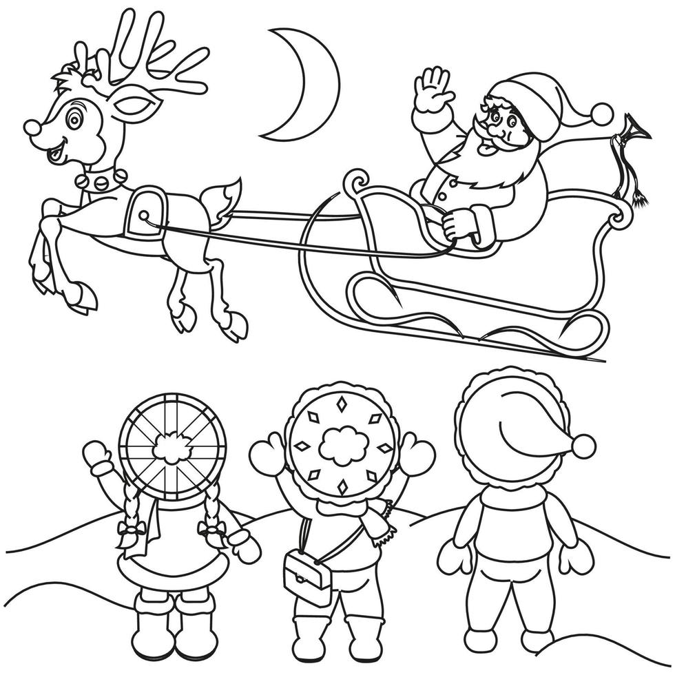 Winter holidays Santa Claus and three kids coloring page. Coloring book for kids vector