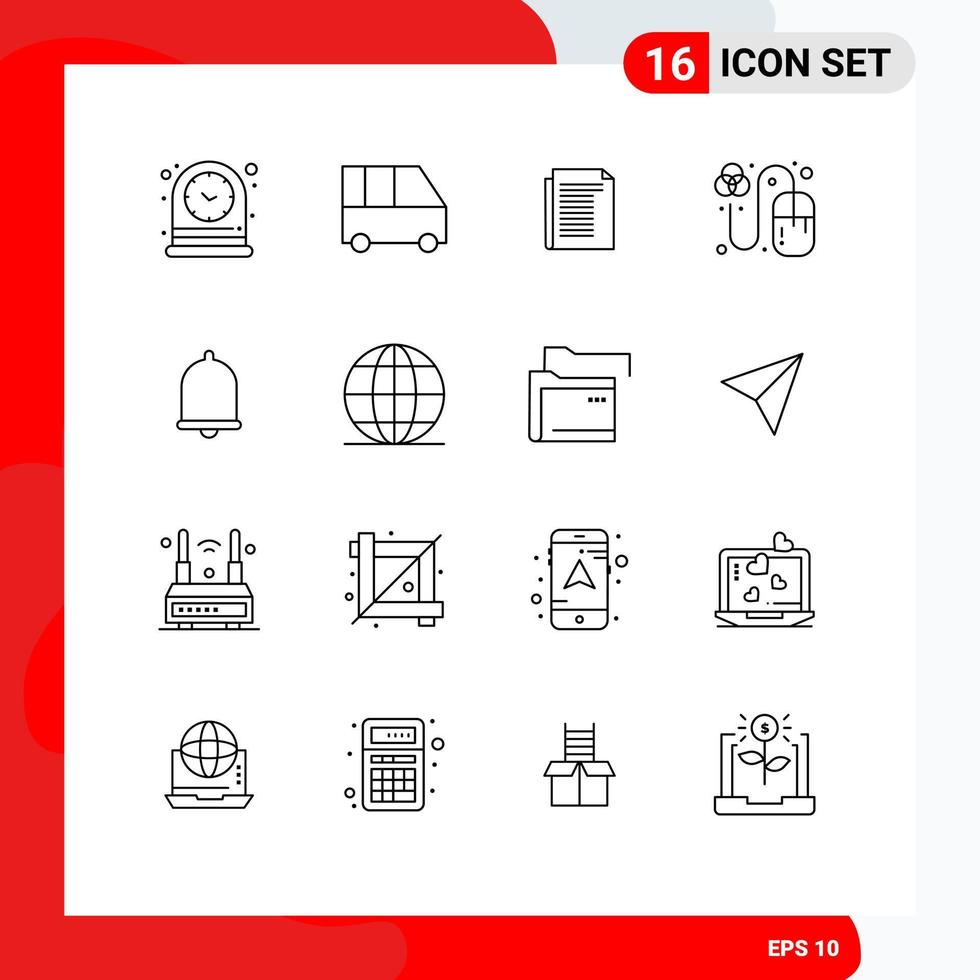 Pack of 16 Modern Outlines Signs and Symbols for Web Print Media such as bell grid document mouse design Editable Vector Design Elements