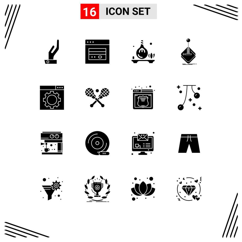 Mobile Interface Solid Glyph Set of 16 Pictograms of seo stick oil joystick game Editable Vector Design Elements