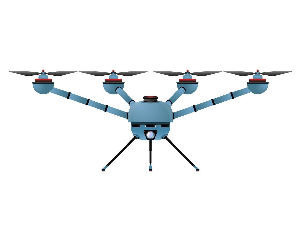 Quadcopter in realistic style. Blue Drone with camera. Colorful vector illustration isolated on white background.