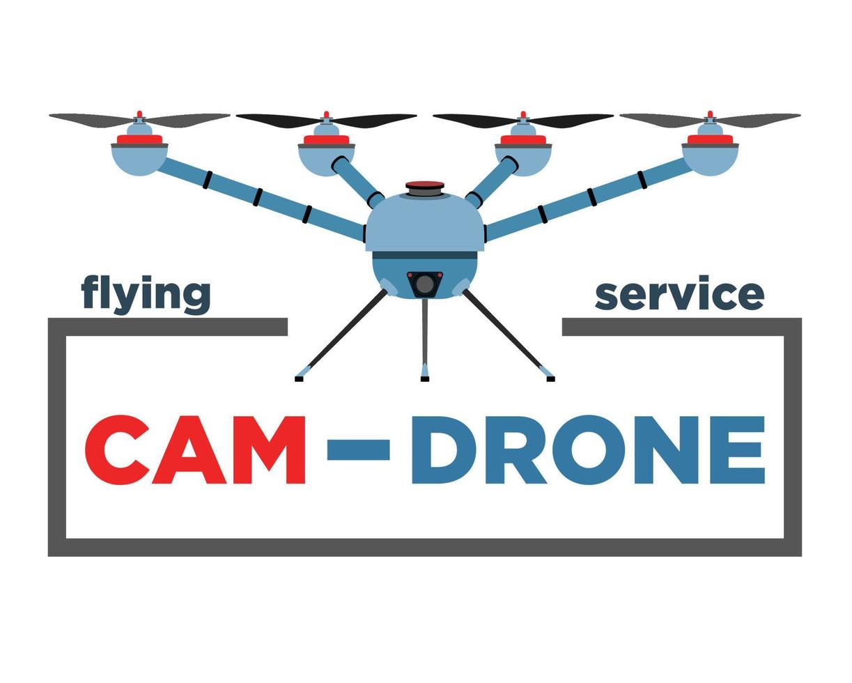 Quadcopter Logo in realistic style. Blue Drone with camera. Colorful vector illustration isolated on white background.
