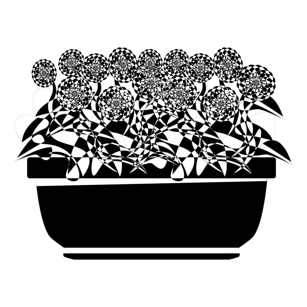 Long pot of flowers in outline style. Flower bed for the window. Vector illustration isolated on white background.