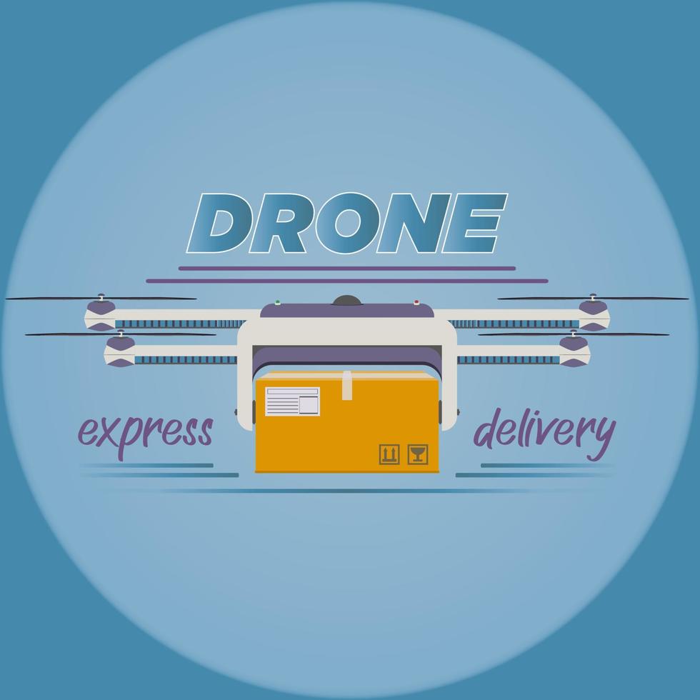 Logo of delivery copter in realistic style. Quadcopter flying with package box in the sky. Modern autonomous drone for drone order delivery. Colorful vector illustration isolated on white background.