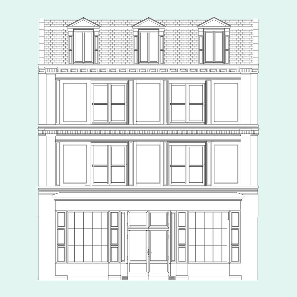 Oldfashioned brick building Coloring Book in realistic style. European facade house front view. Vector illustration isolated on white background.