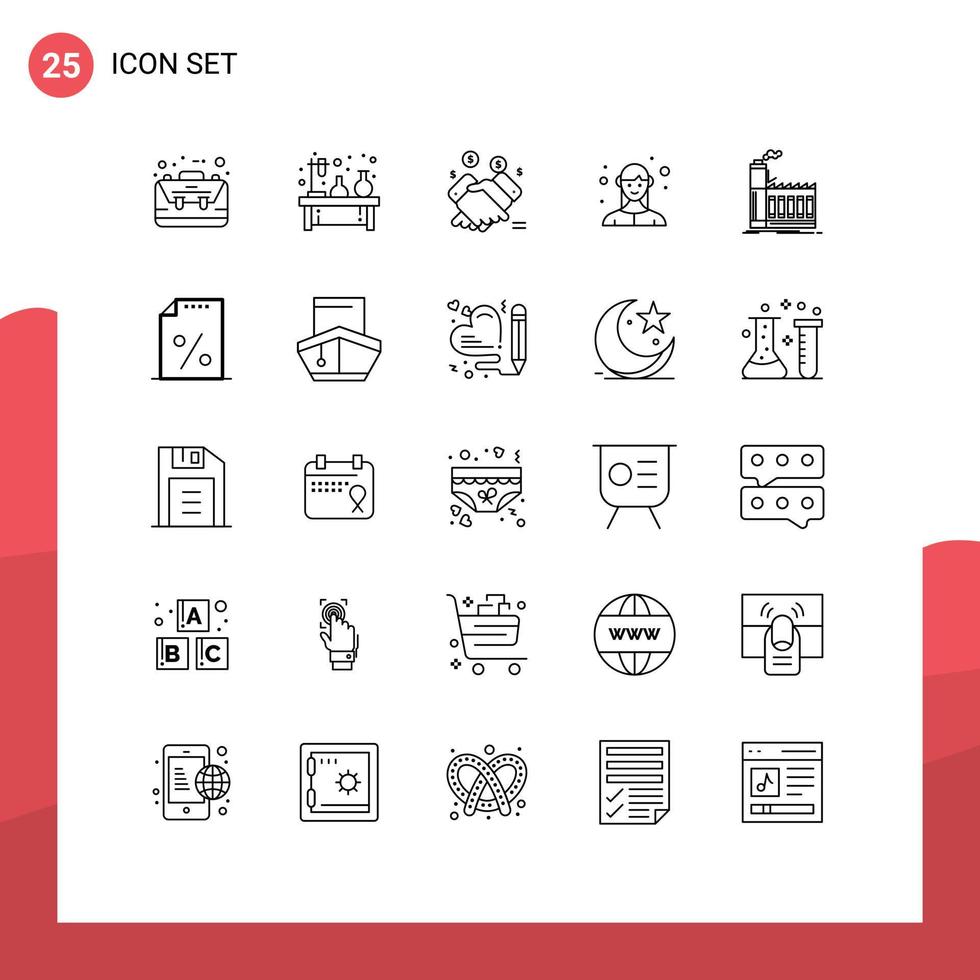 Modern Set of 25 Lines Pictograph of lady employee lab selling retail Editable Vector Design Elements