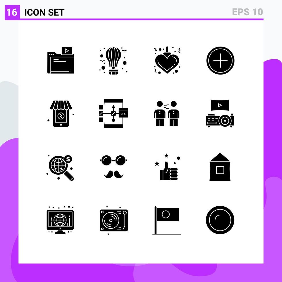 Group of 16 Solid Glyphs Signs and Symbols for online new journey create add Editable Vector Design Elements