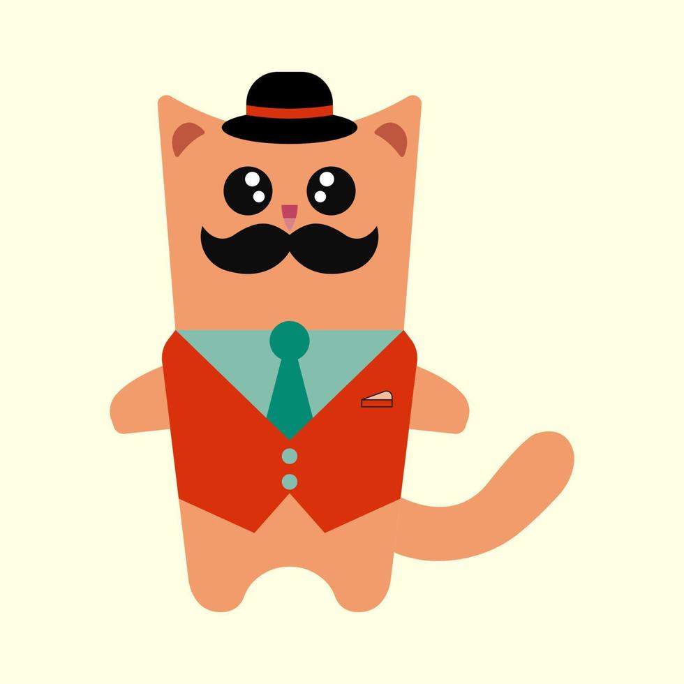 Cat illustration with costume, mustache and cap vector