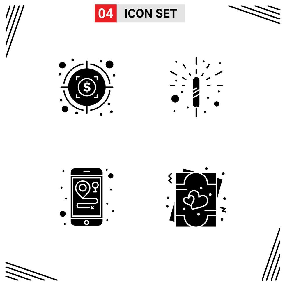 Universal Icon Symbols Group of 4 Modern Solid Glyphs of money invite firecracker location romance Editable Vector Design Elements