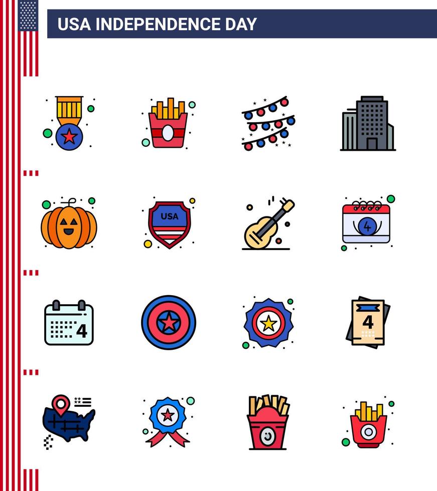 paquete de líneas llenas planas de 16 símbolos del día de la independencia de estados unidos del festival de escudo decoración de fiesta calabaza elementos de diseño de vector de día de estados unidos editables americanos