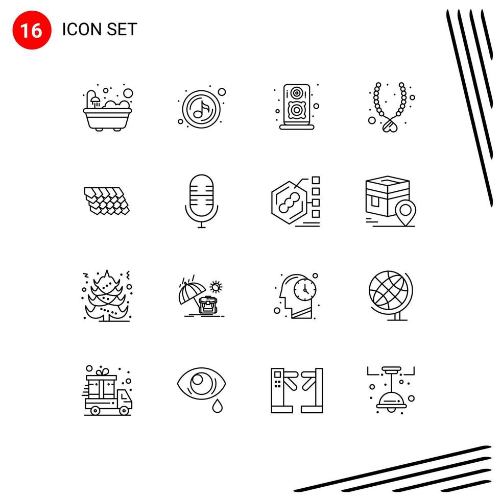 Modern Set of 16 Outlines Pictograph of construction tile loudspeaker roof necklace Editable Vector Design Elements