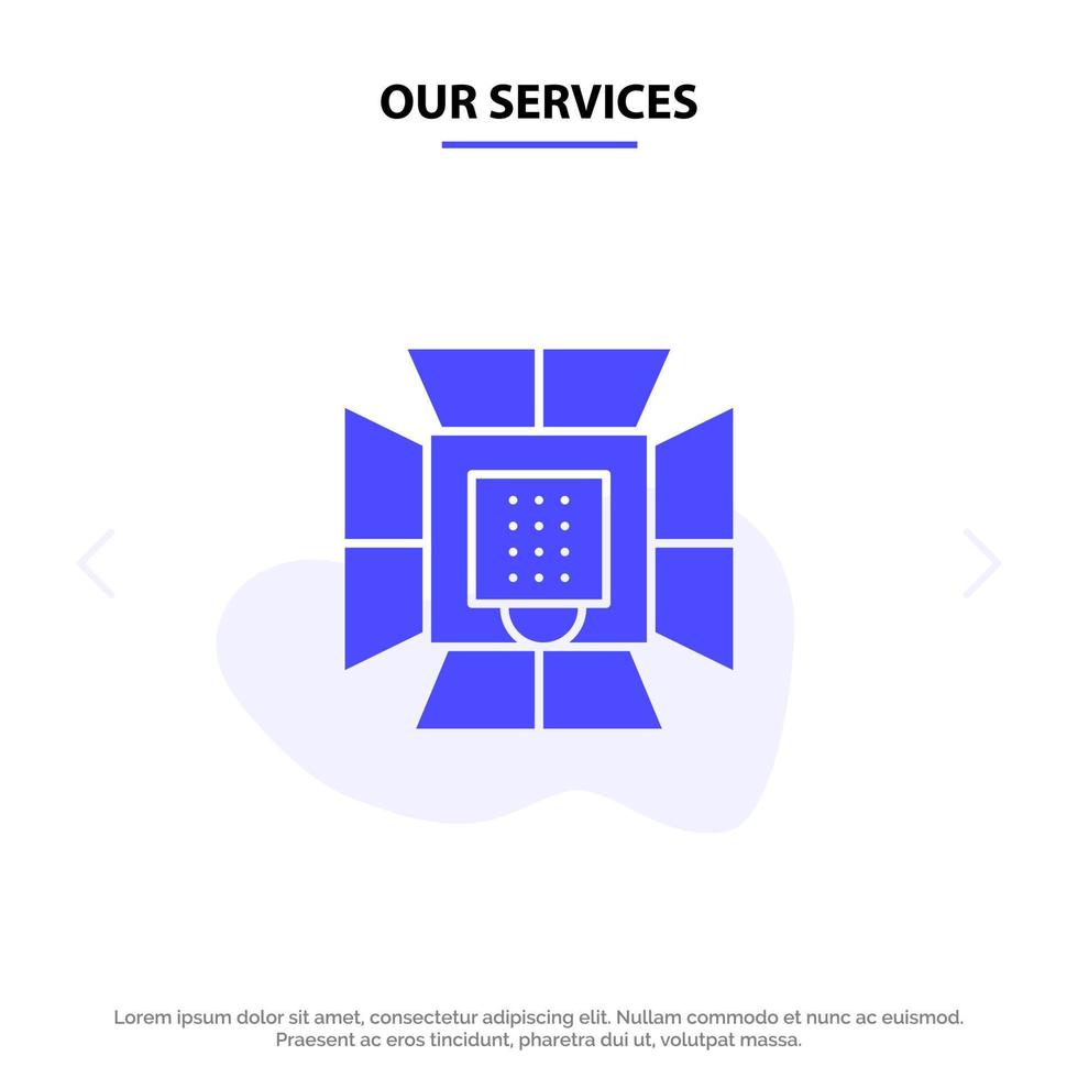 Our Services Illumination Light Lighting Professional Soft box Solid Glyph Icon Web card Template vector