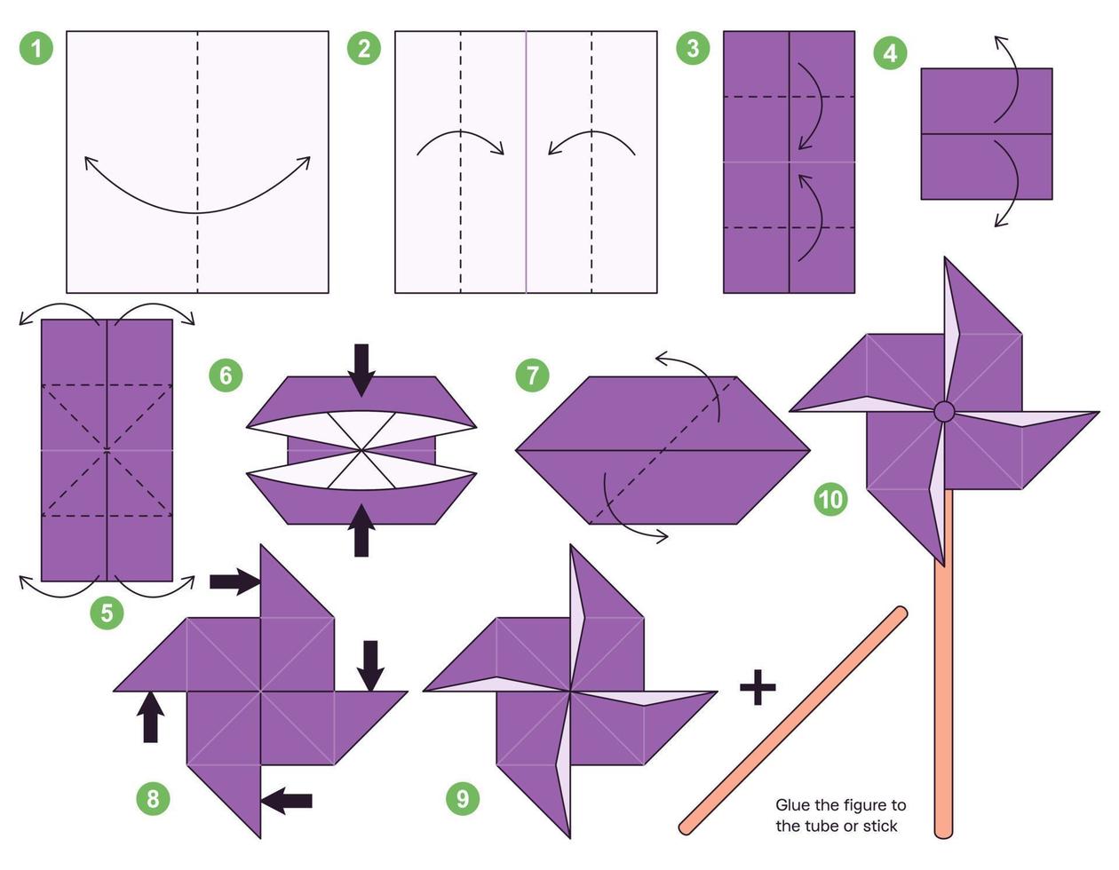 Pinwheel origami scheme tutorial moving model. Origami for kids. Step by step how to make a cute origami Windmill toy. Vector illustration.