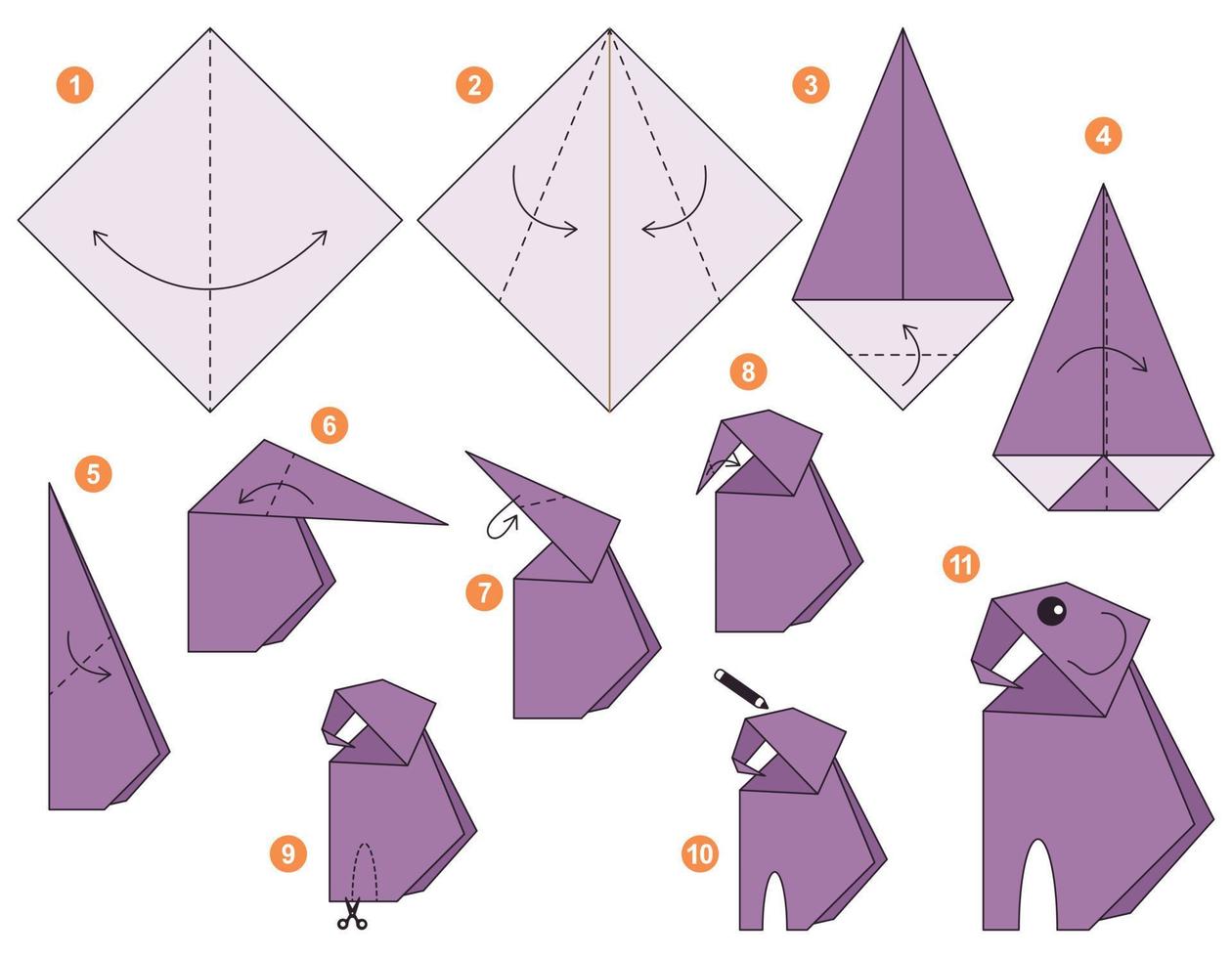 Elephant origami scheme tutorial moving model. Origami for kids. Step by step how to make a cute origami elephant. Vector illustration.