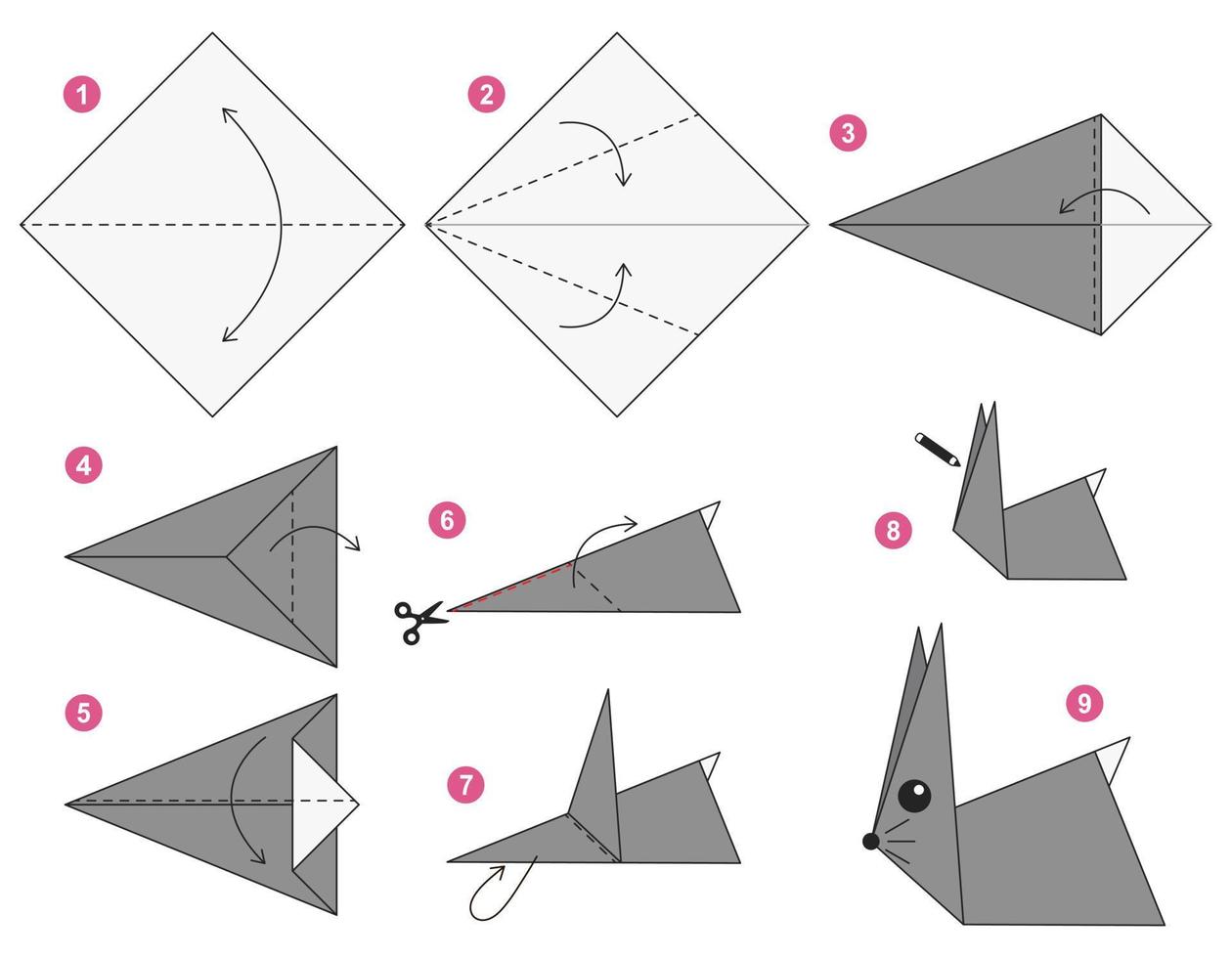 Rabbit origami scheme tutorial moving model. Origami for kids. Step by step how to make a cute origami rabbit. Vector illustration.