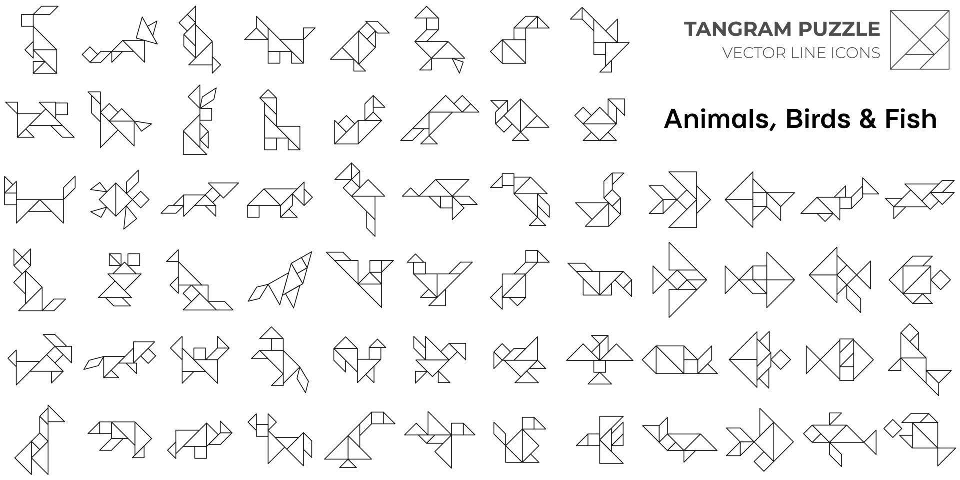 juego de rompecabezas tangram. iconos de línea de tangram aislados con animales, pájaros y peces. ilustración vectorial vector