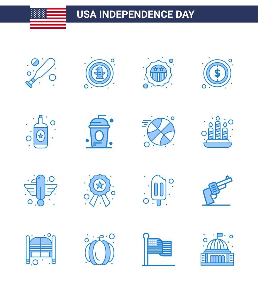 Set of 16 Modern Blues pack on USA Independence Day bottle sign american dollar usa Editable USA Day Vector Design Elements