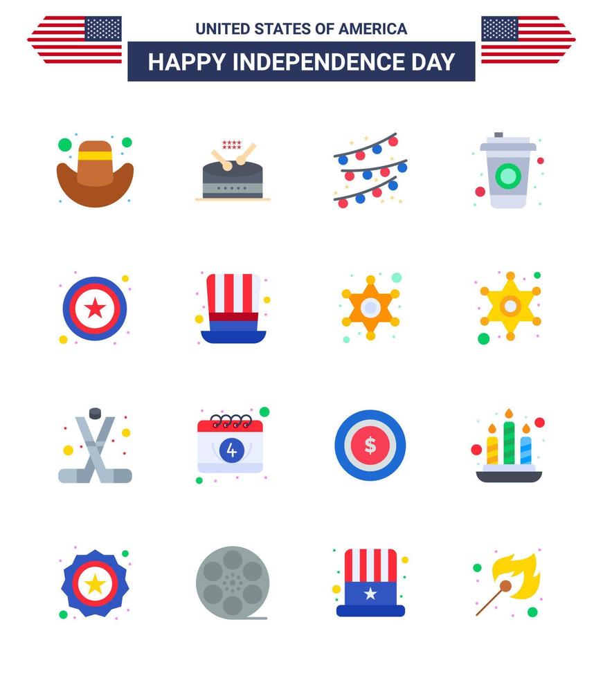 USA Happy Independence DayPictogram Set of 16 Simple Flats of hat sign party decoration star drink Editable USA Day Vector Design Elements