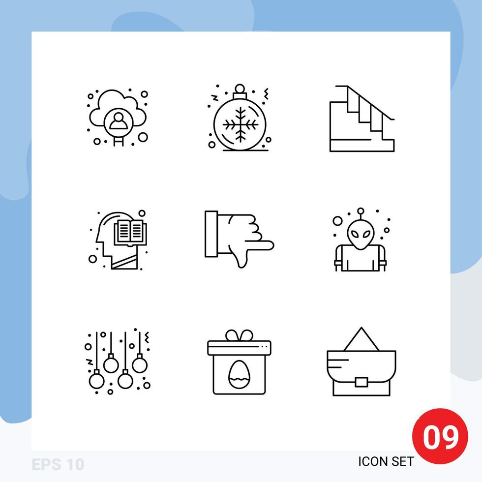 Mobile Interface Outline Set of 9 Pictograms of dislike human construction head book Editable Vector Design Elements