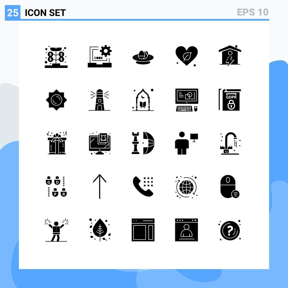 paquete de glifos sólidos de 25 símbolos universales de guardar elementos de diseño vectorial editables de huevos de corazón de programación verde vector