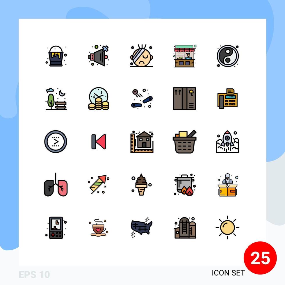 paquete de 25 modernos signos y símbolos de colores planos de línea rellena para medios de impresión web, como elementos de diseño de vectores editables del soporte de yin yang del hospital de bolas de banco