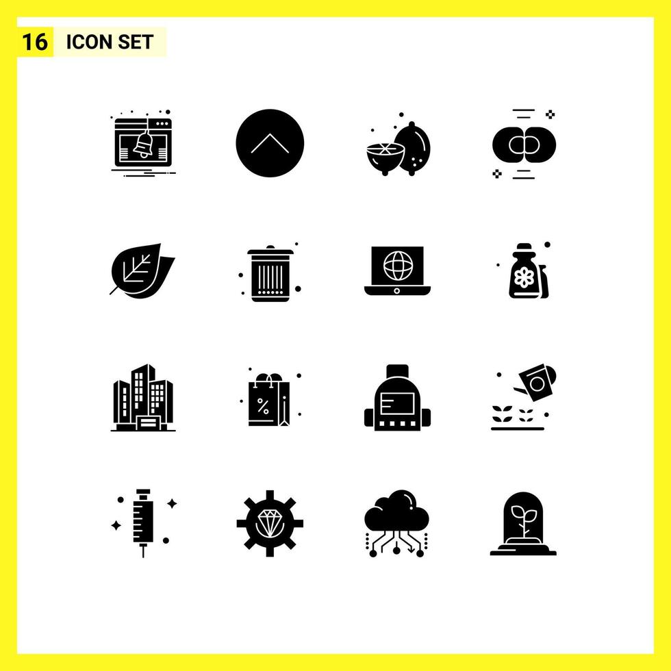 Set of 16 Vector Solid Glyphs on Grid for ecology chemistry lemon cell biochemistry Editable Vector Design Elements