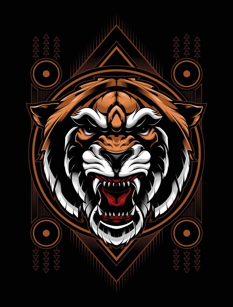 Tigre rugiendo con geometría de fondo, diseño de ilustraciones vectoriales vector