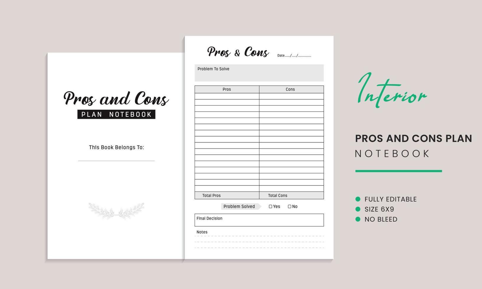 Pros and Cons plan Notebook Interior Template vector