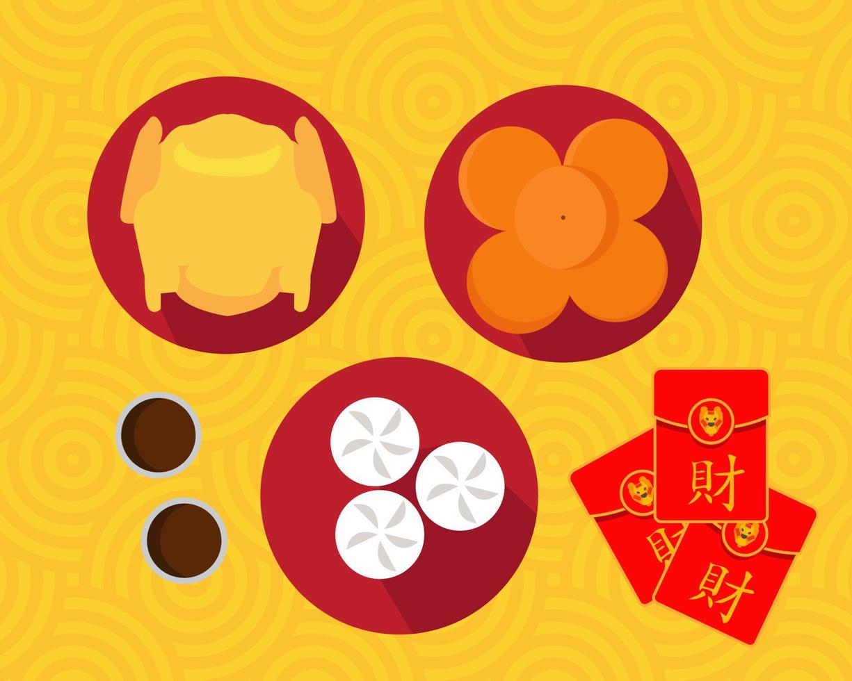 Top view of Food for celebrate Chinese New Year and Chinese lucky red pocket and tiger face  Translation Wealth vector
