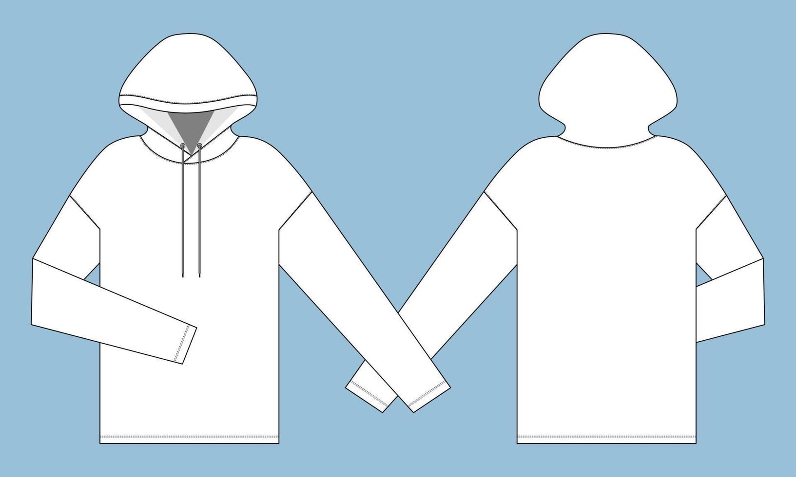 Long sleeve hoodie technical fashion flat sketch Drawing template front and back view. vector