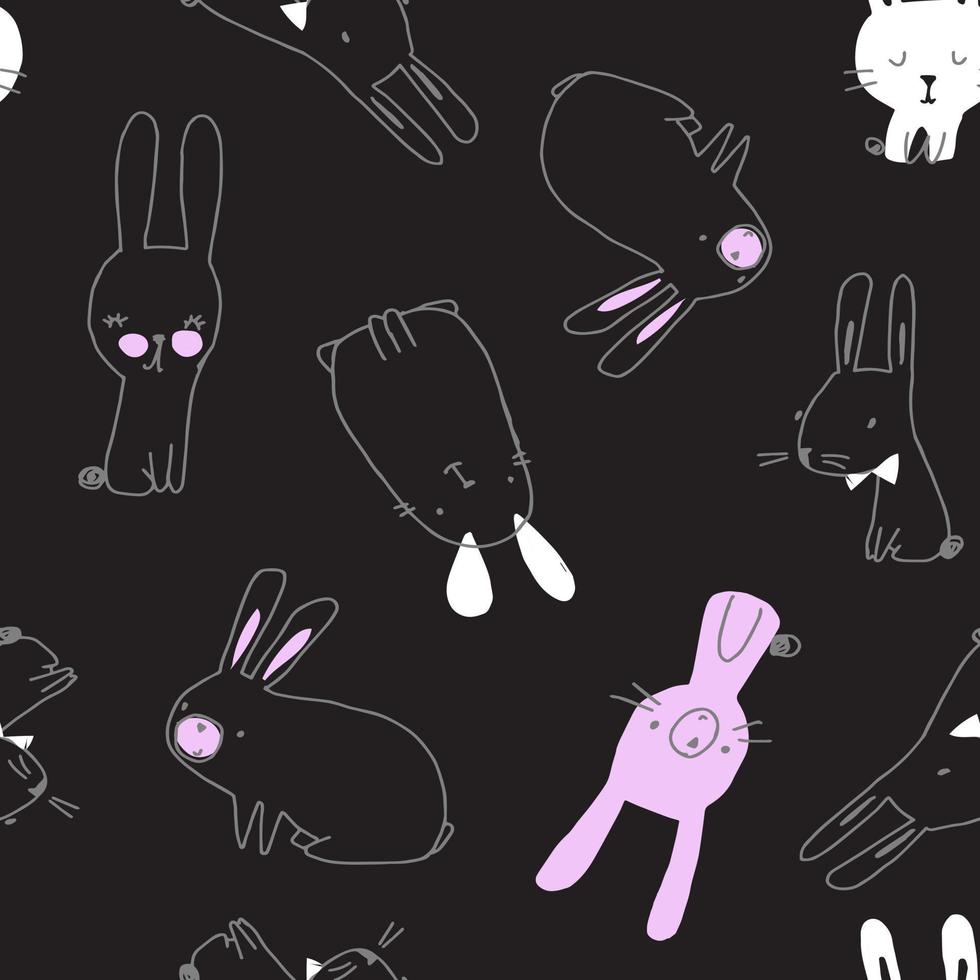 Cartoon outline animals Cat, rabbit, Dog and others Seamless pattern isolated on black background. Design for use background, textile fabric and others. Vector art illustration eps 10.