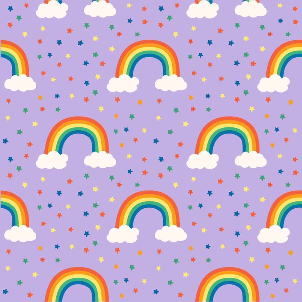Arco iris colorido con patrón de ilustración de vector transparente de nubes y estrellas. diseño para uso textil de papel de envoltura de fondo en toda la tela y otros
