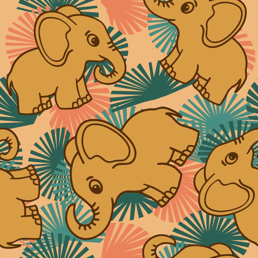 Cute cartoon elephant with exotic tropical leaves seamless vector illustration pattern background. Design For Use Textile all over fabric print wrapping paper and others.