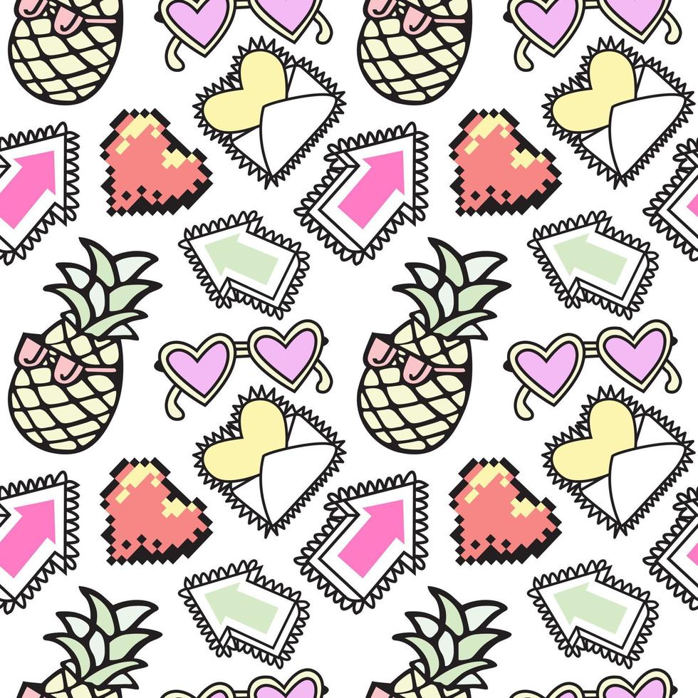 Cartoon doodle style Pineapple, Arrow, Love, Sunglasses and other object abstract vector element Seamless Pattern for background, fabric and others.