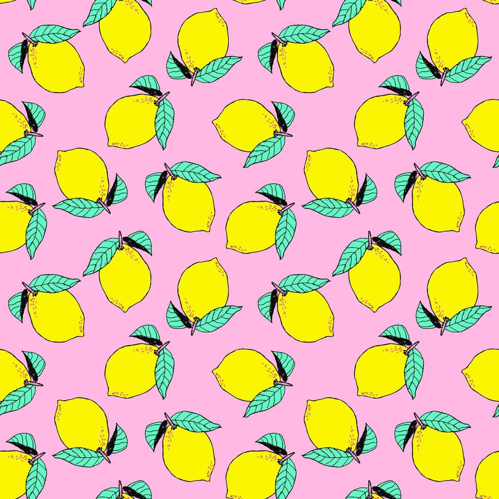 Fresh Bright lemons seamless pattern background. Fruits vector illustration isolated on purple background. Colorful wallpaper citrus fruits collection. Decorative illustration, good for printing.