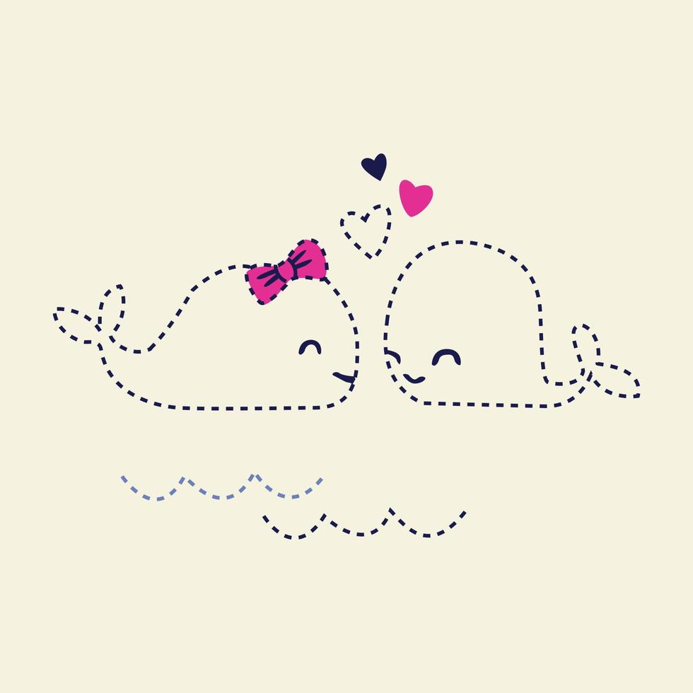 Hand Drawing Dotted creative cartoon fish with love hearts and bow flat style vector art illustration isolated on off white background ready to print