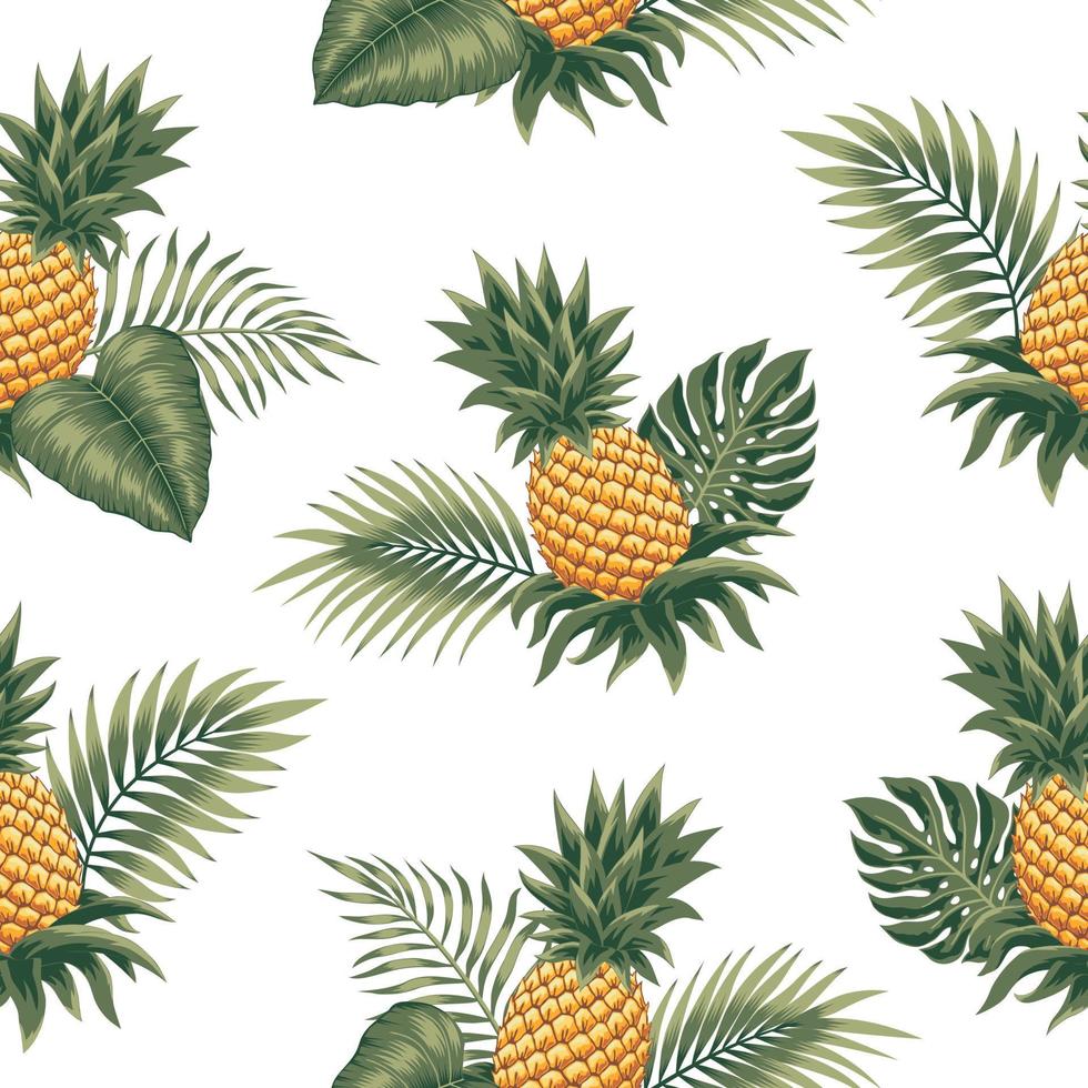 piña con hojas de palmeras tropicales exóticas diseño de fondo de patrón de ilustración vectorial sin costuras para uso textil de papel de envoltura de fondo en toda la tela y otros. vector