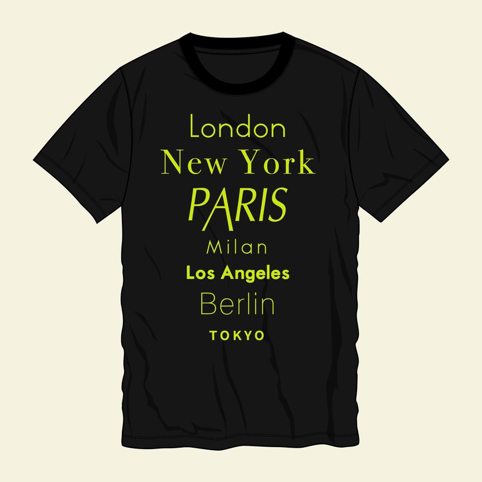 londres nueva york parís milán los ángeles berlín tokio tipografía diseño de camiseta listo para imprimir aislado en negro vistas simuladas vector