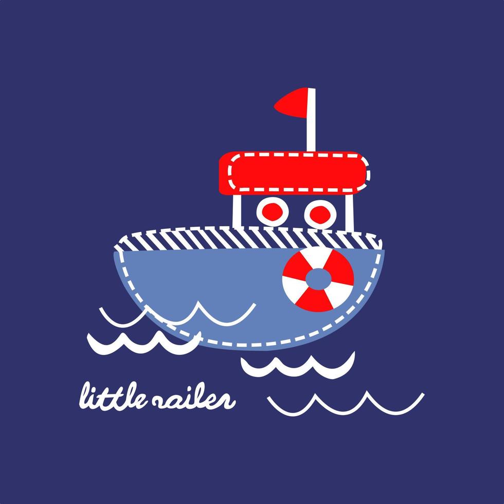 Cartoon Ship flat style Vector art illustration isolated on navy blue background