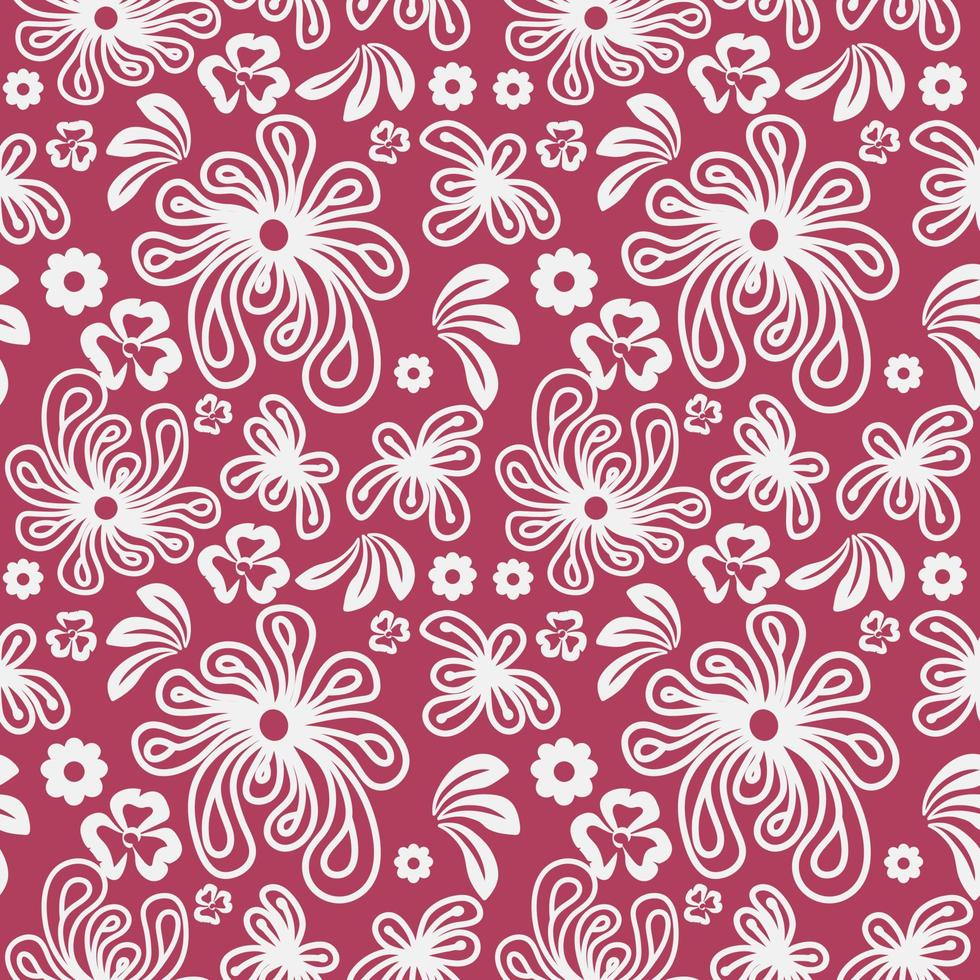 Seamless Monochrome Floral Vector Pattern Isolated on Red background. Hand Drawn Floral Texture Use for background, textile, fabric and others.