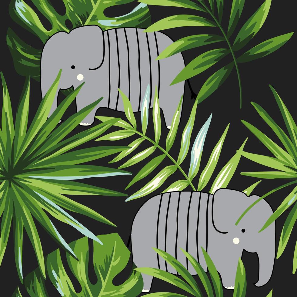 Lindo elefante de dibujos animados con hojas tropicales exóticas sin costuras ilustración vectorial patrón de fondo. diseño para uso textil en toda la tela estampado papel de regalo y otros. vector