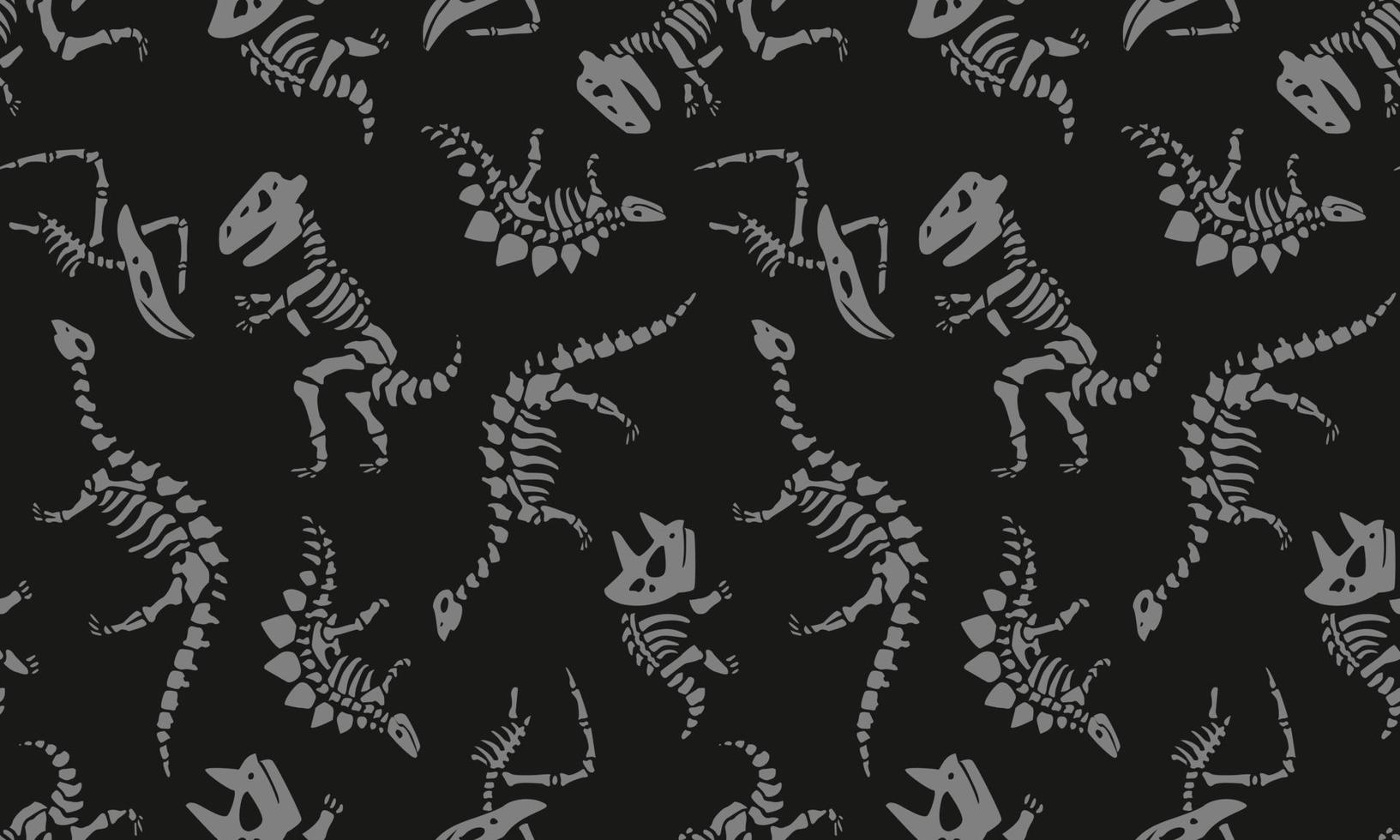 Dinosaurs skeletons fossils seamless vector pattern isolated on black background.Design for use print on all over fabric, Clothing, textiles and others. Grey silhouette art Vector illustration.