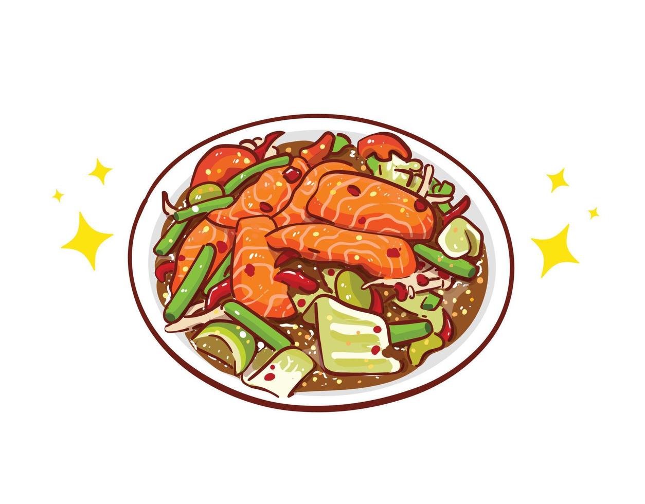 Spicy Salmon Salad spicy food restaurant logo hand draw vector illustration