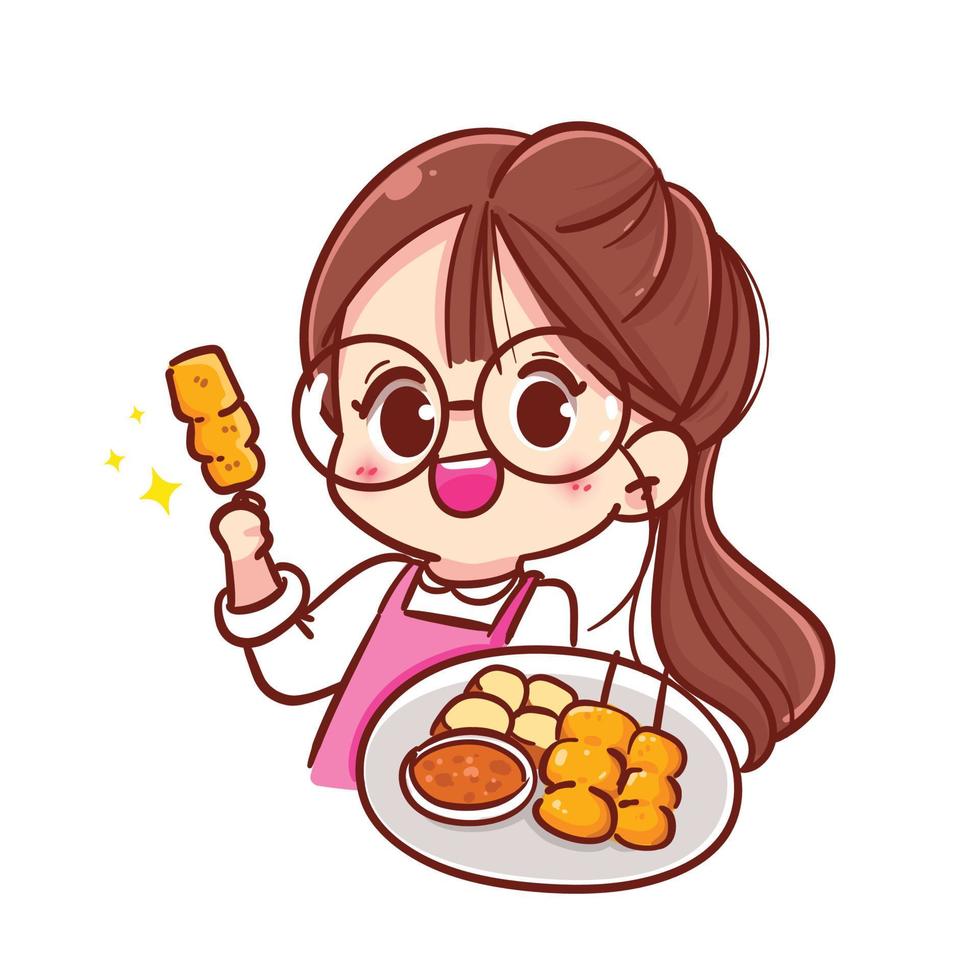 Cute girl holding grilled pork satay traditional food logo hand draw vector illustration
