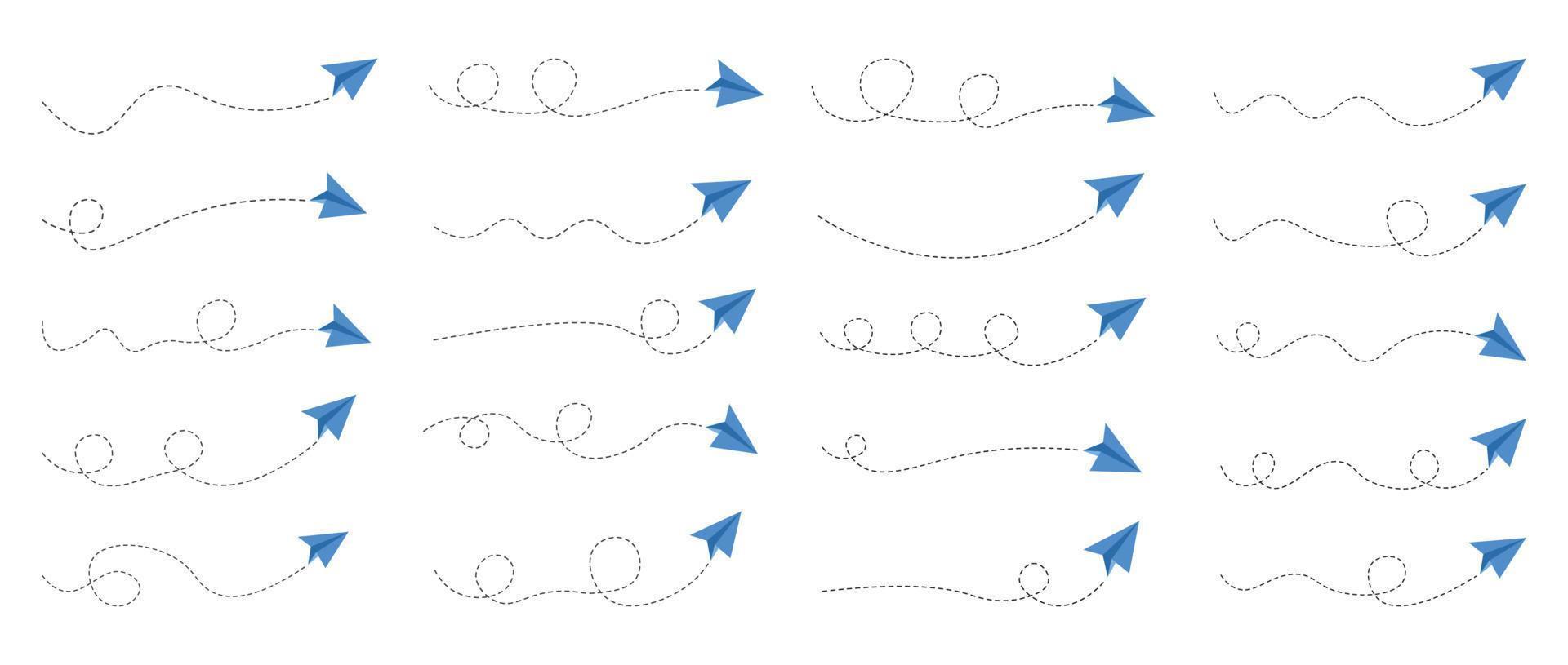 conjunto de ruta de avión de papel de línea discontinua vector