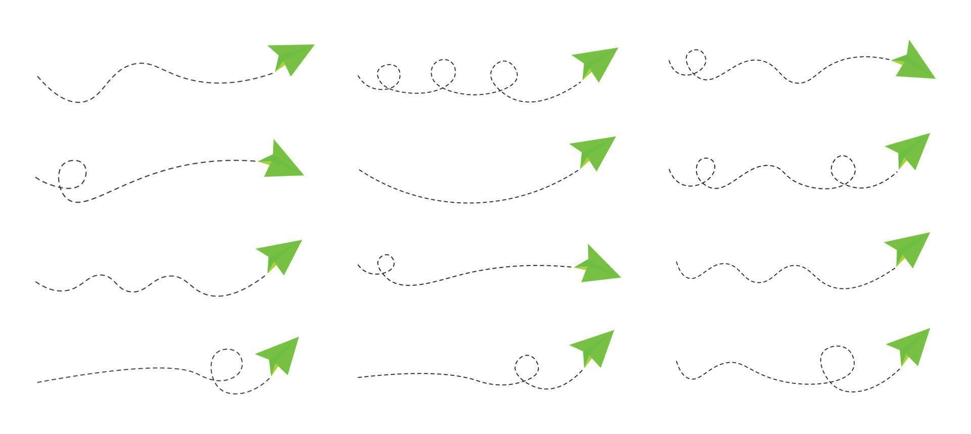 conjunto de ruta de avión de papel de línea discontinua vector