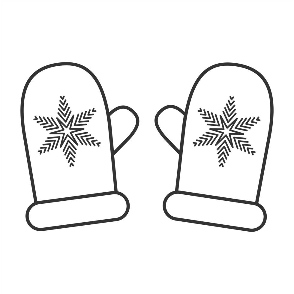 Vector black and white illustration. Warm mittens with a snowflake.