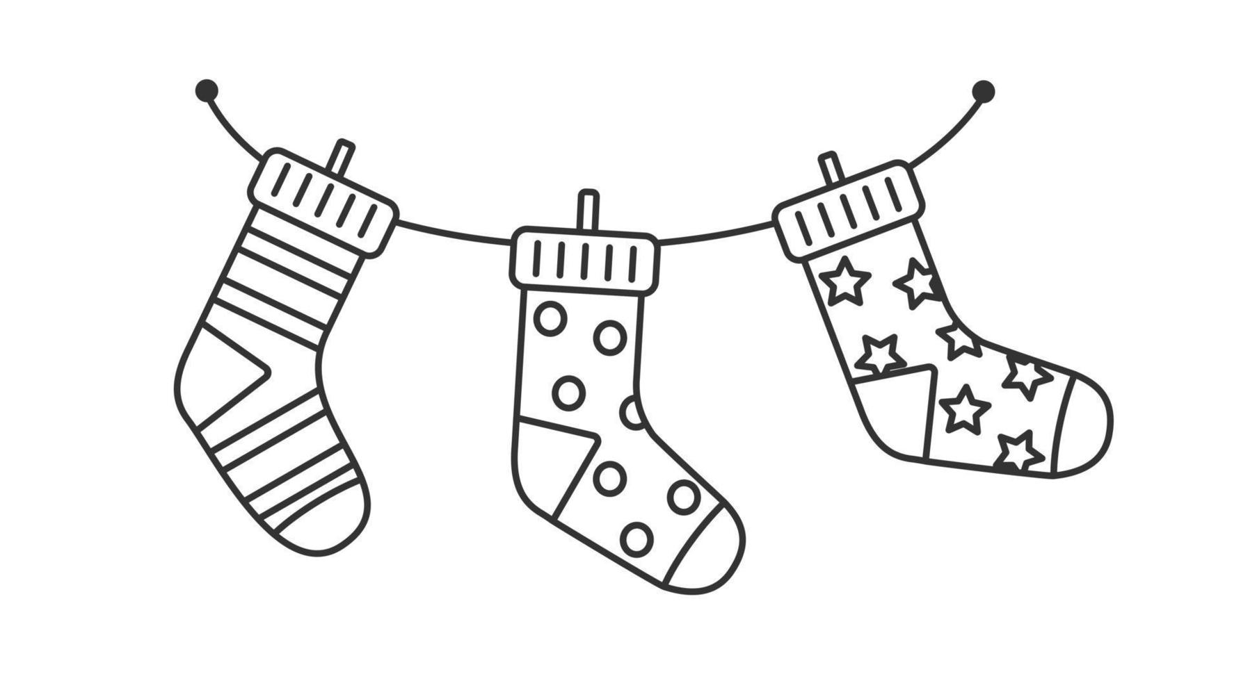 Vector black and white illustration. Children's Christmas socks