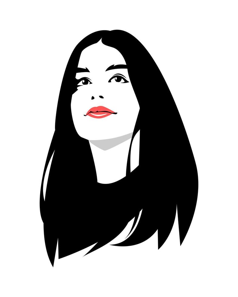 retrato de una mujer hermosa con el pelo largo. sonrisa con labios rojos mira hacia arriba. gráfico vectorial. fondo blanco aislado. vector