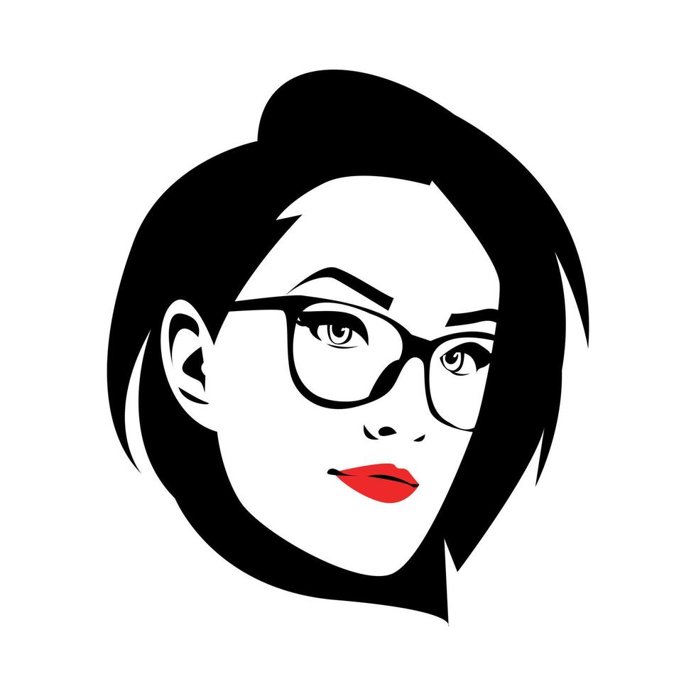 portrait of a beautiful woman with short hair and glasses. red lips. vector graphic. isolated white background.